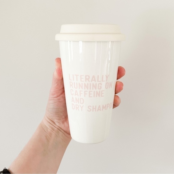 Literally Running on Caffeine Dry Shampoo White Pink Ceramic Coffee Travel Mug - Picture 6 of 7